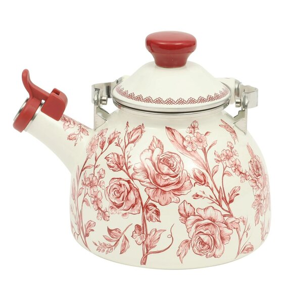 Pioneer Woman Agatha Enamel on Steel 1.8 Qt Whistling Tea Kettle Floral Red - Picture 1 of 11